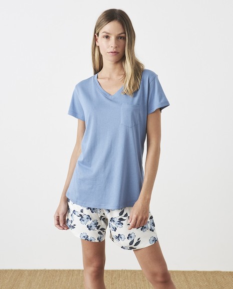Pijama mujer manga corta combinado liso flores blue