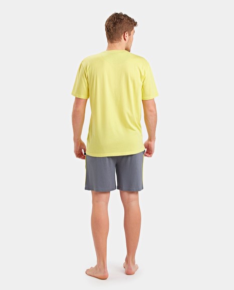 Pijama hombre manga corta amarillo limón y gris oscuro con dibujo frontal Retro