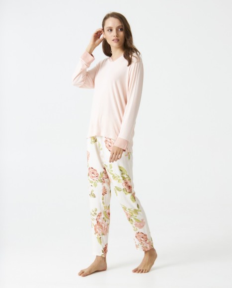 Pijama señora viscosa tela estampada combinado Pink Pijama señora viscosa tela estampada combinado Pink