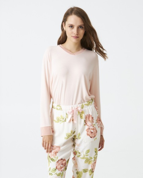 Pijama señora viscosa tela estampada combinado Pink Pijama señora viscosa tela estampada combinado Pink