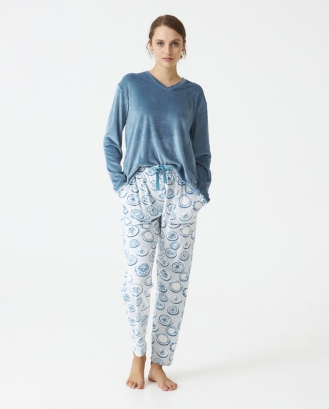 Pijama señora terciopelo estampado combinado Turquoise Pijama señora terciopelo estampado combinado Turquoise
