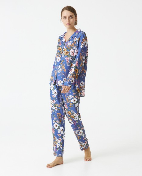 Pijama señora viscosa tela estampado flores Blue