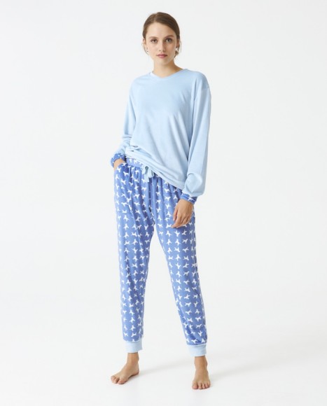 Pijama señora terciopelo estampado combinado Blue