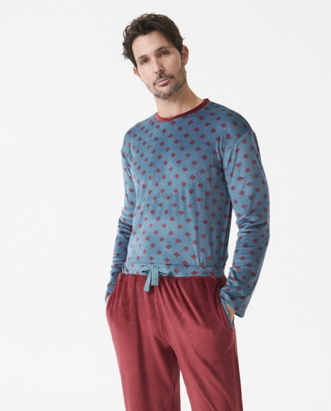 Pijama hombre terciopelo estampado top camisero