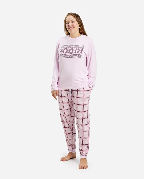 Pijama mujer color rosa palo y pantalón estampado a cuadros