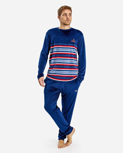 Pijama hombre de terciopelo combinado azul marino y rayas Retro