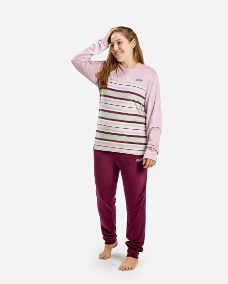 Pijama mujer de terciopelo color rosa palo, burdeos y estampado