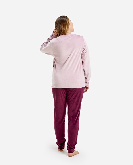 Pijama mujer de terciopelo color rosa palo, burdeos y estampado