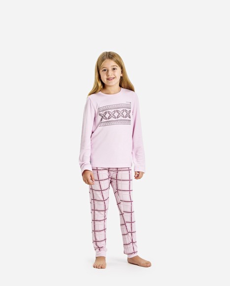 Pijama de niña color rosa palo y pantalón estampado a cuadros