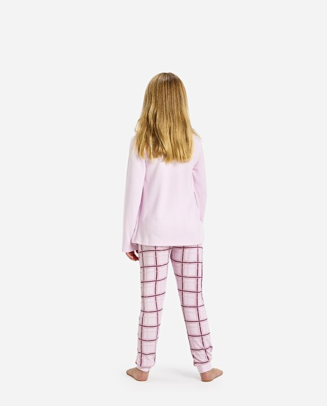 Pijama de niña color rosa palo y pantalón estampado a cuadros