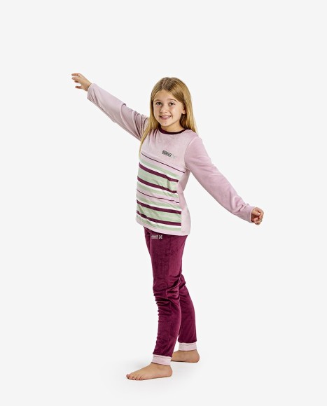 Pijama de niña de terciopelo en color rosa palo, burdeos y