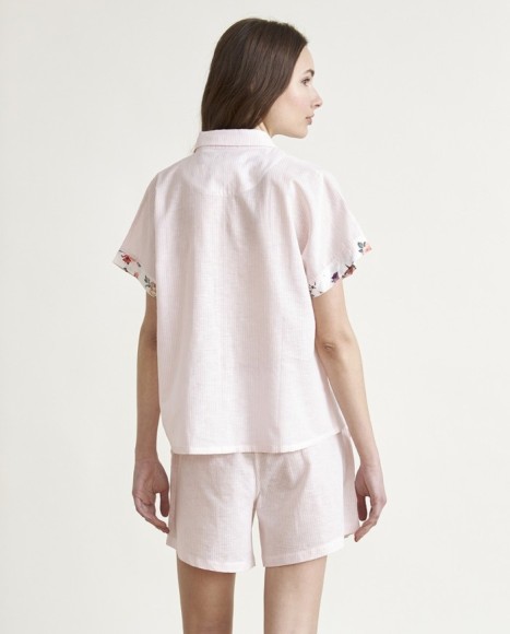 Pijama de mujer lino manga corta de rayas rosa