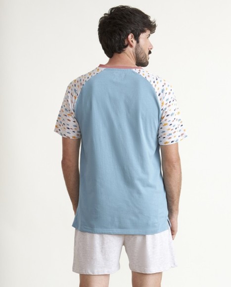 Pijama de hombre algodón cuello pico en azúl Pijama de hombre algodón cuello pico en azúl
