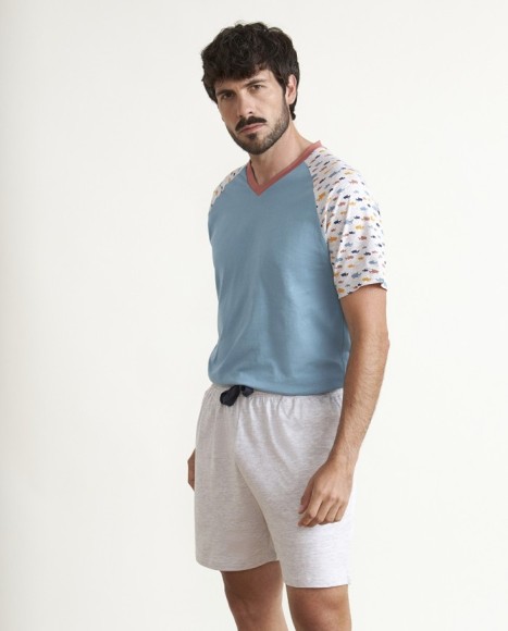 Pijama de hombre algodón cuello pico en azúl Pijama de hombre algodón cuello pico en azúl