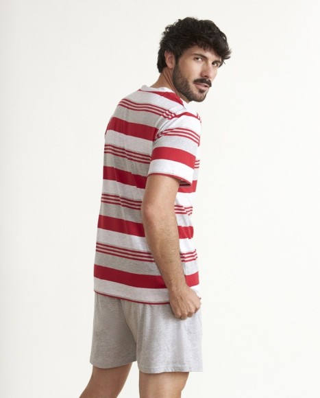 Pijama de hombre algodón cuello pico a rayas rojas Pijama de hombre algodón cuello pico a rayas rojas