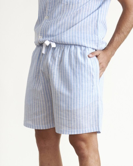 Pijama de hombre lino en azul a rayas