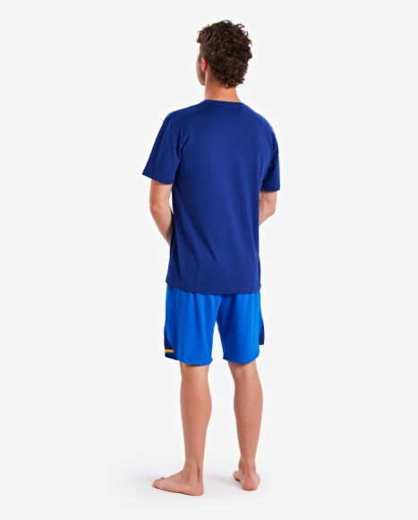 Pijama hombre en tonos azules y corte frontal en la camiseta