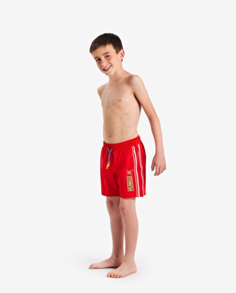 Bañador largo de niño rojo con vivos a contraste y logotipo