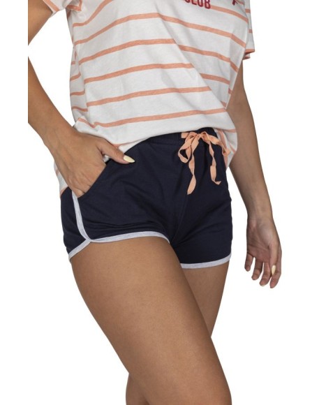 Pijama mujer manga corta en blanco a rayas naranjas y cordón