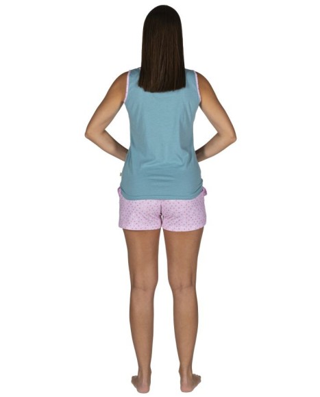 Pijama mujer sin mangas en azul claro y rosa con cordón