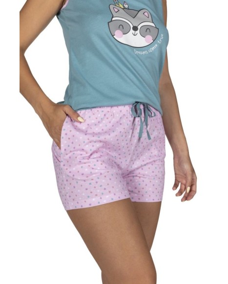 Pijama mujer sin mangas en azul claro y rosa con cordón