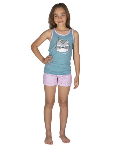 Pijama niña sin mangas en azul claro y rosa con dibujo frontal