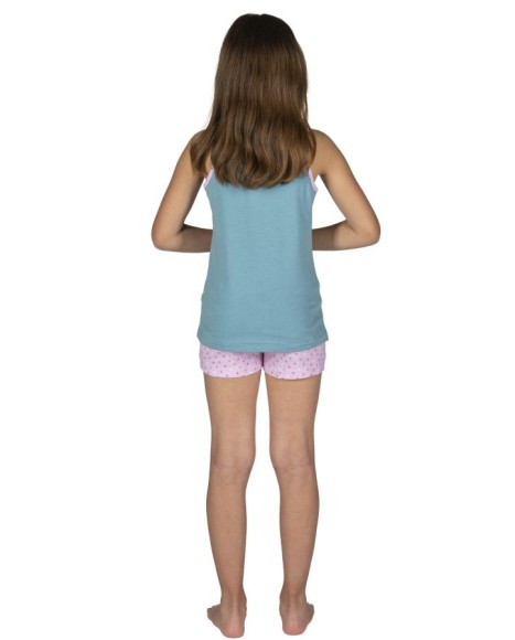 Pijama niña sin mangas en azul claro y rosa con dibujo frontal