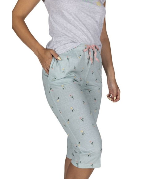 Pijama mujer manga corta y pantalón pirata en gris con cordón