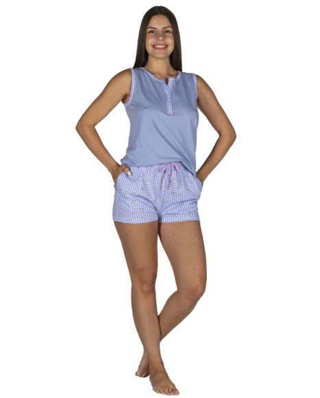 Pijama mujer sin mangas en azul y cordón ajustable