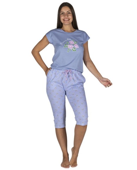 Pijama mujer manga corta y pantalón pirata en azul y cordón