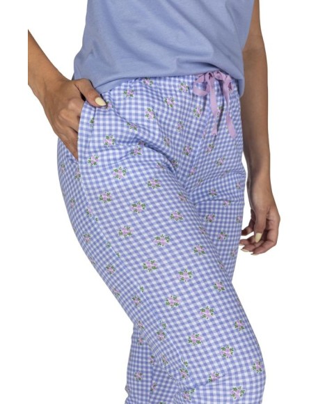 Pijama mujer manga corta y pantalón pirata en azul y cordón