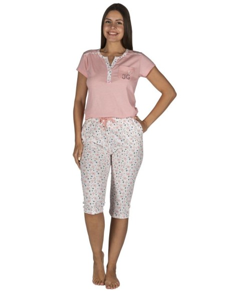 Pijama mujer manga corta en rosa cierre botones con cordón