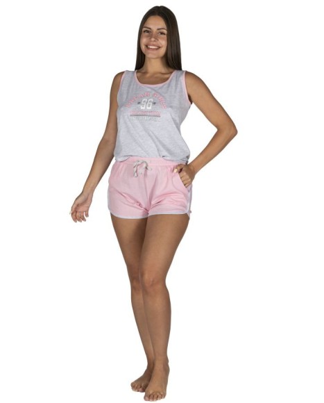 Pijama mujer sin mangas en gris y rosa con cordón ajustable