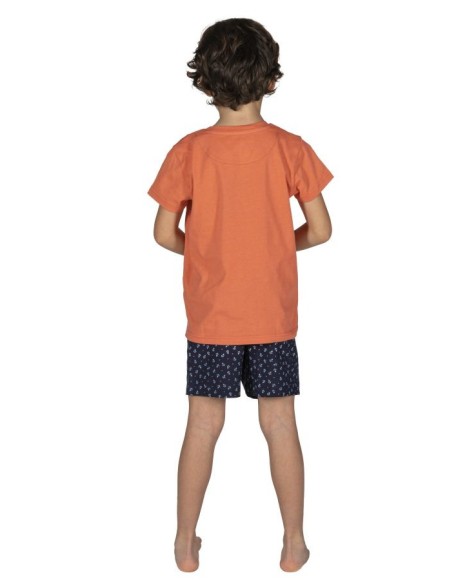 Pijama niño en naranja y marino con dibujo frontal