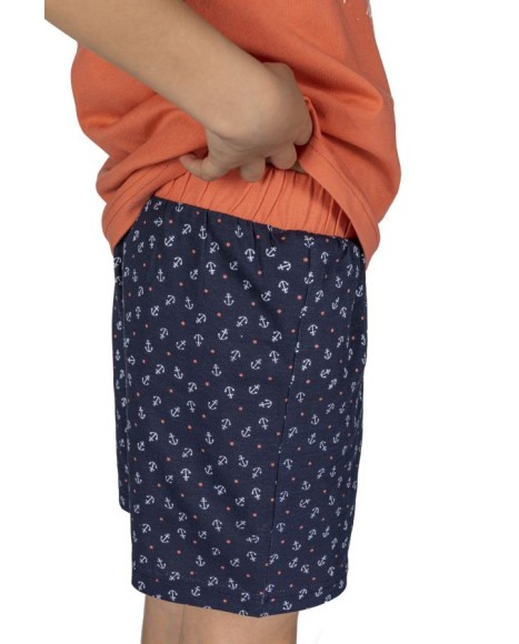 Pijama niño en naranja y marino con dibujo frontal