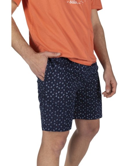 Pijama hombre en naranja y marino con motivos marineros