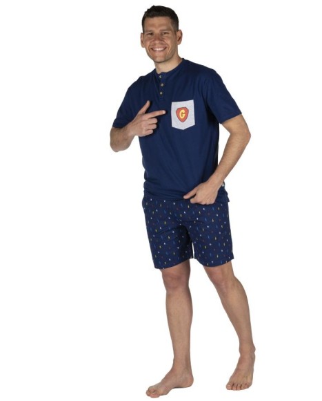 Pijama hombre en azul marino y detalle bolsillo en pecho