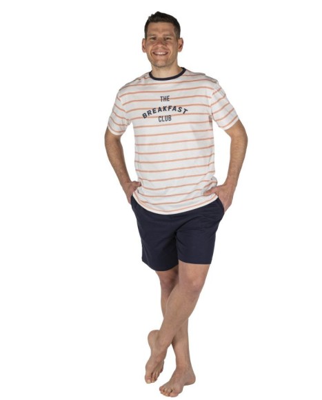 Pijama hombre blanco a rayas y pantalón marino con estampado