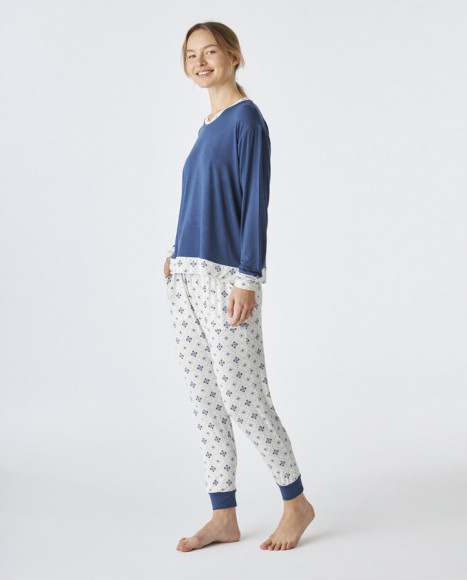 Pijama de mujer de tejido modal de color azul estampado Pijama de mujer de tejido modal de color azul estampado