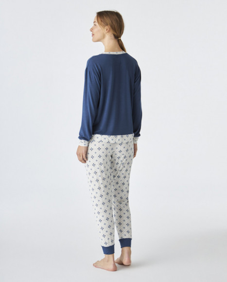 Pijama de mujer de tejido modal de color azul estampado Pijama de mujer de tejido modal de color azul estampado