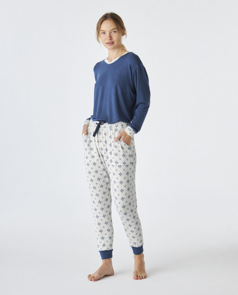 Pijama de mujer de tejido modal de color azul estampado Pijama de mujer de tejido modal de color azul estampado