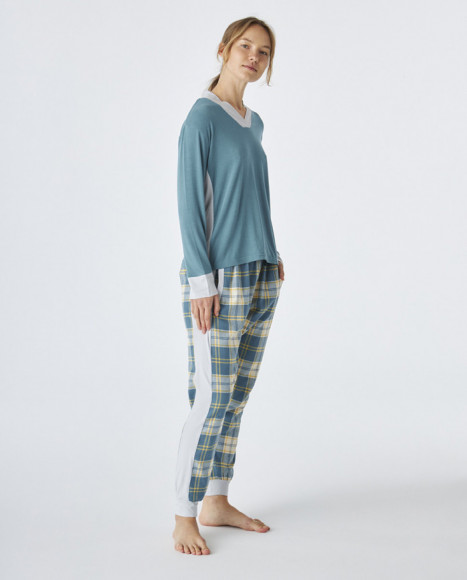 Pijama de mujer de algodón de color azul combinado Pijama de mujer de algodón de color azul combinado