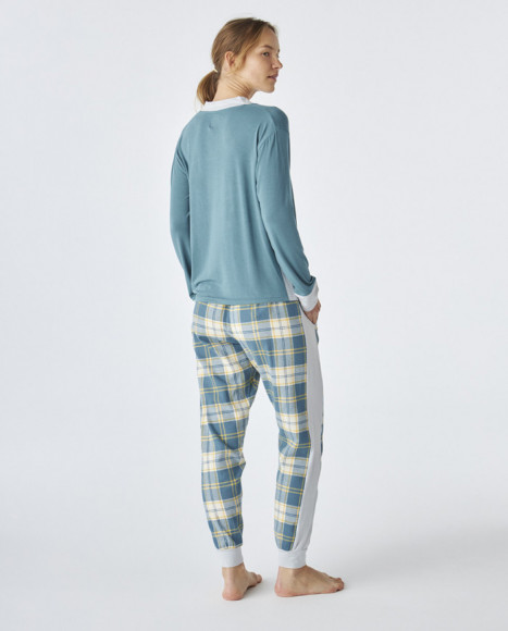 Pijama de mujer de algodón de color azul combinado Pijama de mujer de algodón de color azul combinado