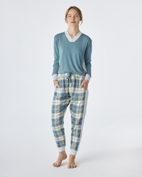 Pijama de mujer de algodón de color azul combinado Pijama de mujer de algodón de color azul combinado
