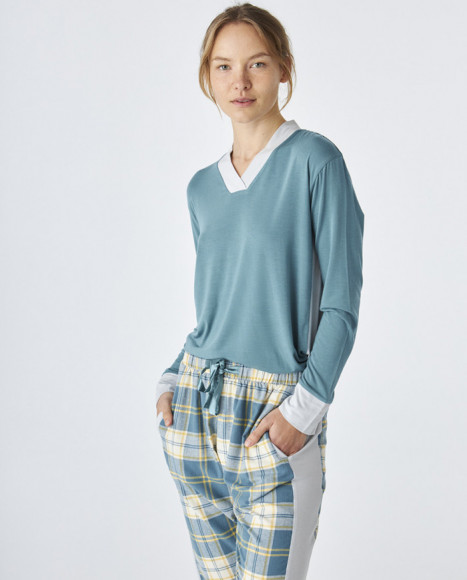 Pijama de mujer de algodón de color azul combinado Pijama de mujer de algodón de color azul combinado