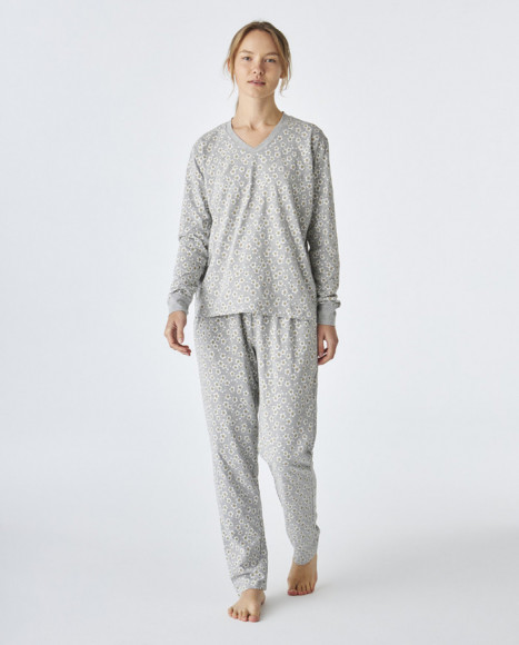 Pijama de mujer de algodón de color gris estampado Pijama de mujer de algodón de color gris estampado