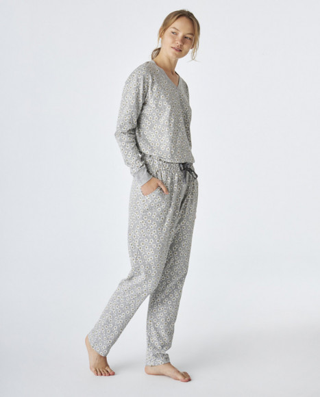 Pijama de mujer de algodón de color gris estampado Pijama de mujer de algodón de color gris estampado