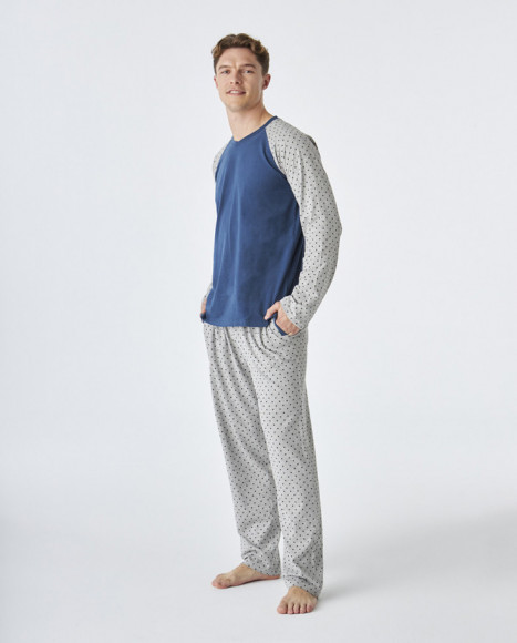 Pijama de hombre de algodón en color azul y gris Pijama de hombre de algodón en color azul y gris