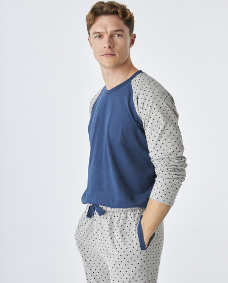 Pijama de hombre de algodón en color azul y gris Pijama de hombre de algodón en color azul y gris