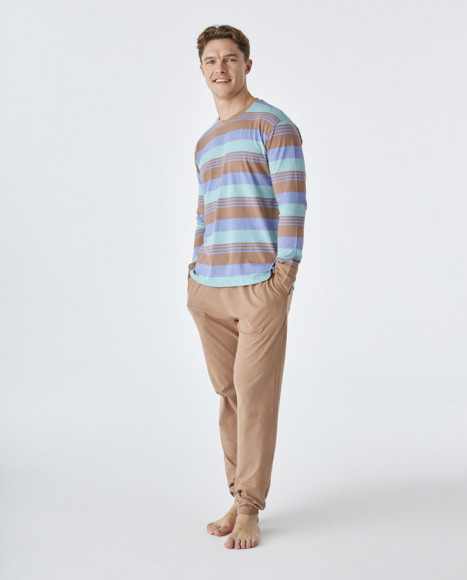 Pijama de hombre de algodón de color marrón a rallas Pijama de hombre de algodón de color marrón a rallas